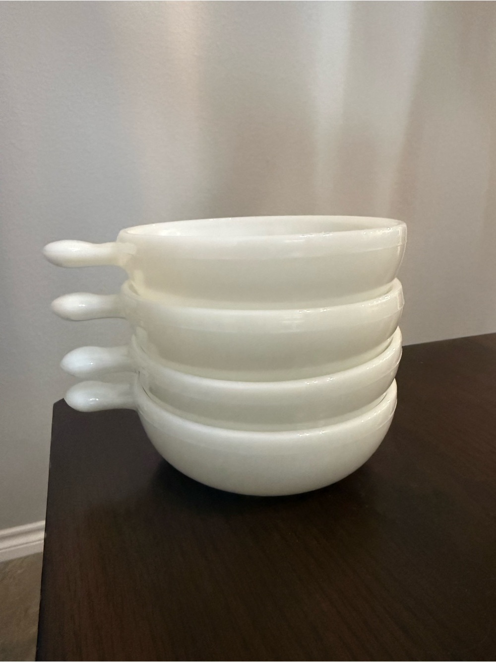 GLASBAKE White Milk Glass Soup Bowls With Handle Set Of 4 Vintage